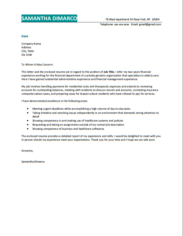 Resume Cover Letter Body COVER LETTER SAMPLES. 6 Alicia Mayers 5 Samantha Dimarco ...